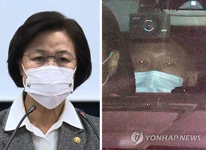 <strong>추미애, 윤석열 징계청구·직무배제 명령</strong><br>
(서울=연합뉴스) 홍해인 기자 = 윤석열 검찰총장이 24일 오후 서울 서초동 대검찰청에서 퇴근하고 있다(오른쪽 사진).<br>
앞서 추미애 법무부 장관이 서울고등검찰청 기자실에서 윤 총장에 대한 감찰 결과와 관련해 징계청구 및 직무배제 방침을 밝히고 있다(왼쪽 사진). 2020.11.24 hihong@yna.co.kr